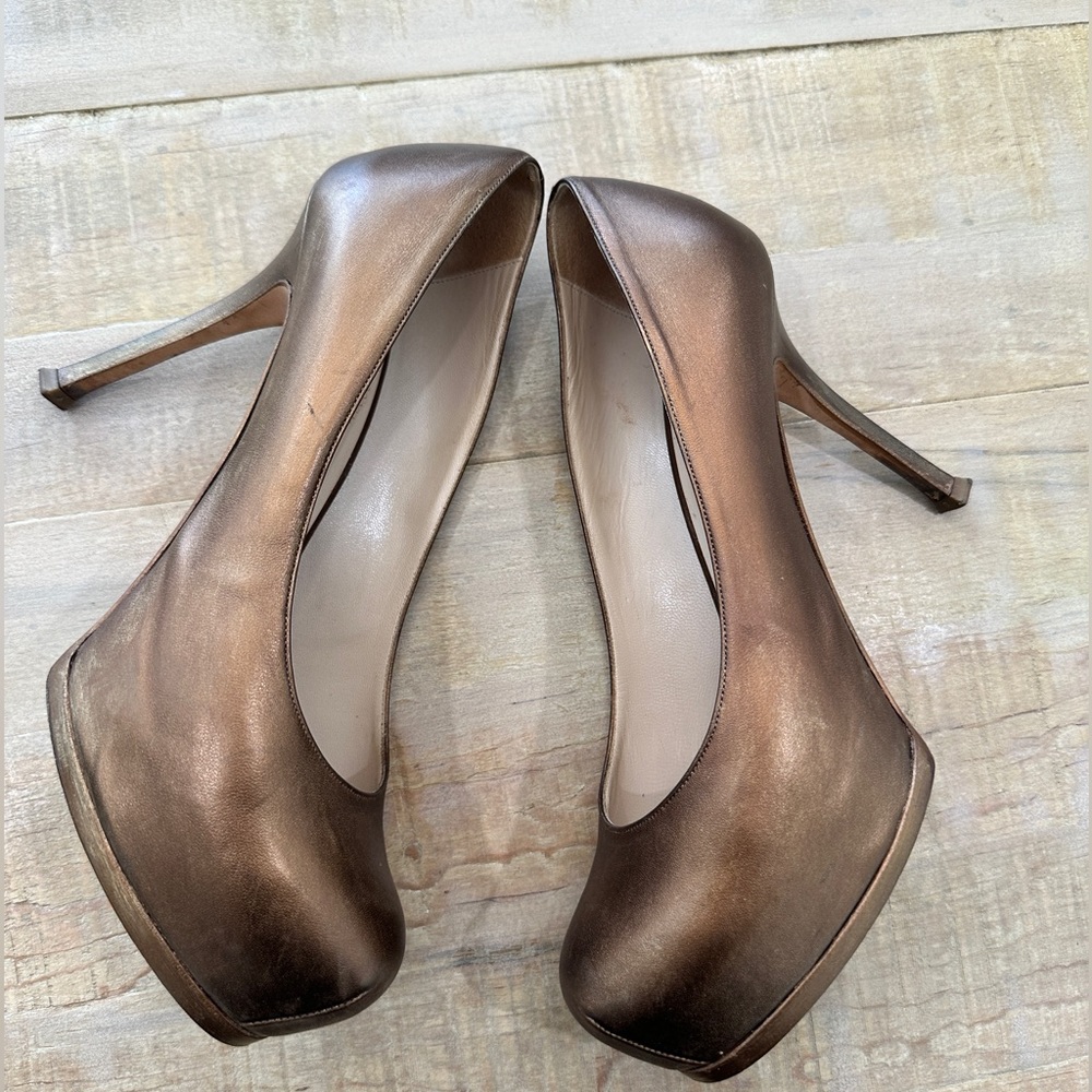 Ysl Yves Saint Laurent bronze leather Tribtoo pumps heels platform shoes - Picture 3 of 14